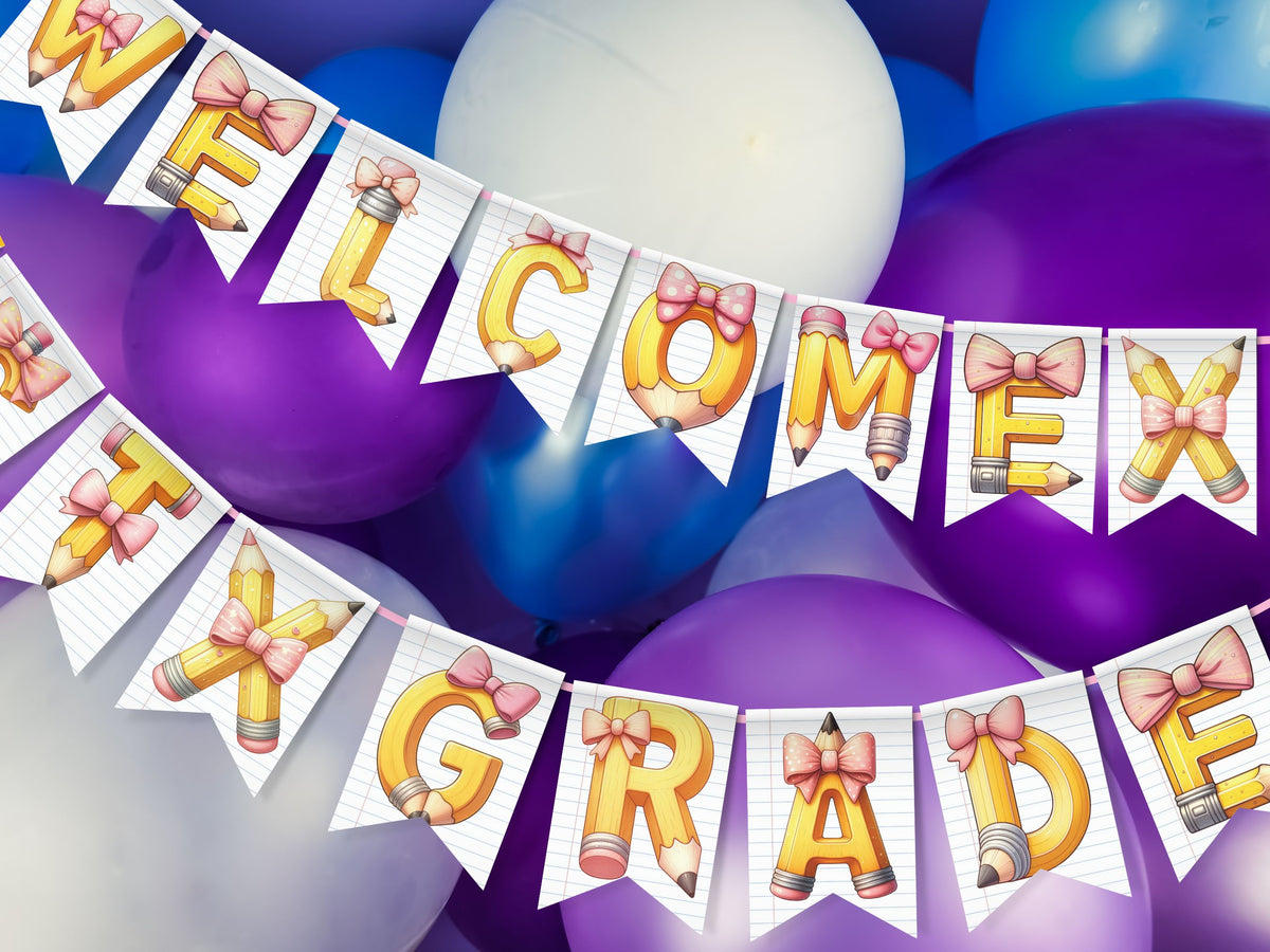 Back to School Banner DIY Printable with Pink Bow Pencil Alphabet