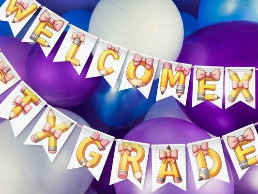 Back to School Banner DIY Printable with Pink Bow Pencil Alphabet