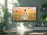 TV screen displaying a painting of a person in a field of sunflowers with a sheep and dog, in a room with plants and a shelf.