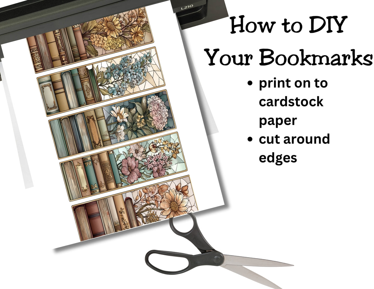 Instructions for DIY bookmarks with printed design, scissors, and text overlay on a white background.