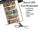 Instructions for DIY bookmarks with printed design, scissors, and text overlay on a white background.
