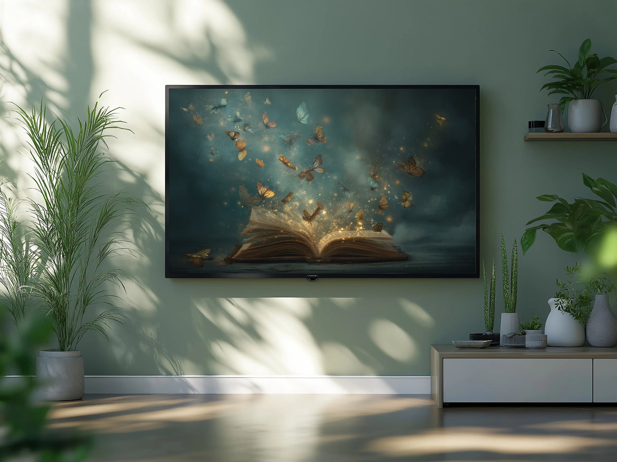 TV displaying a nature-themed scene with butterflies on a green wall in a living room.