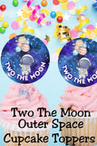 These Two the Moon cupcake toppers are perfect for a second birthday outer space theme. Designed to instantly elevate store-bought cupcakes, this printable decor pairs perfectly with space party decor, astronaut birthdays, and galaxy dessert tables for age two celebrations.