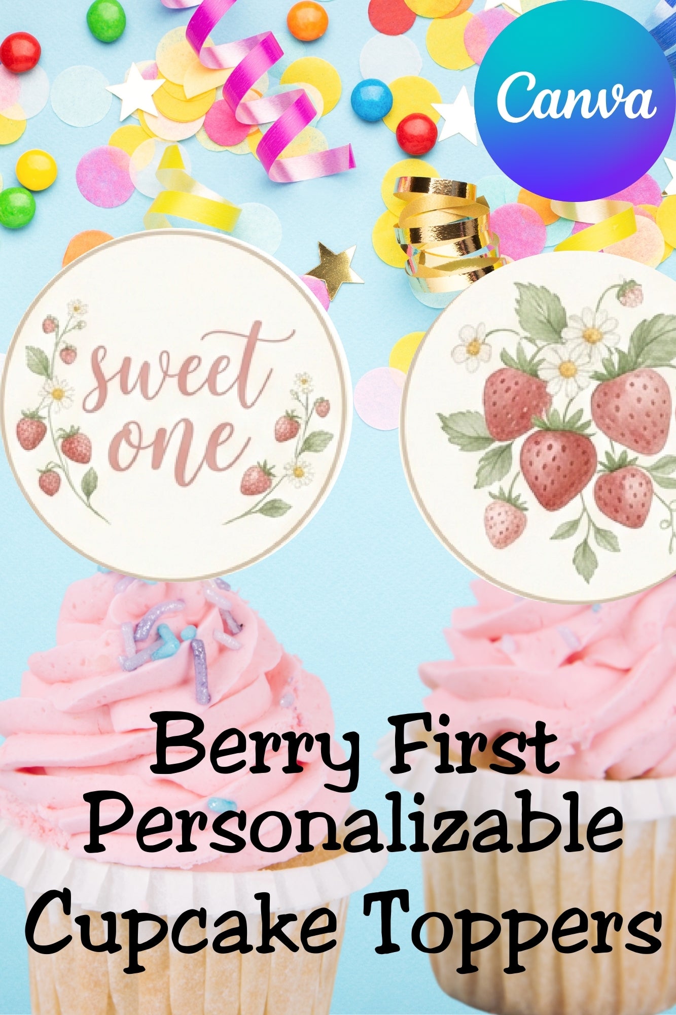 If you love soft, girly party themes, this berry first birthday decor is a must-have. These strawberry cupcake toppers feature a coquette-inspired design with pink gingham tones, bows, and floral accents—perfect for a trendy sweet one party. Includes editable name toppers for a personalized touch, making your first birthday cupcake decorations feel extra special and unique.