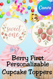 If you love soft, girly party themes, this berry first birthday decor is a must-have. These strawberry cupcake toppers feature a coquette-inspired design with pink gingham tones, bows, and floral accents—perfect for a trendy sweet one party. Includes editable name toppers for a personalized touch, making your first birthday cupcake decorations feel extra special and unique.