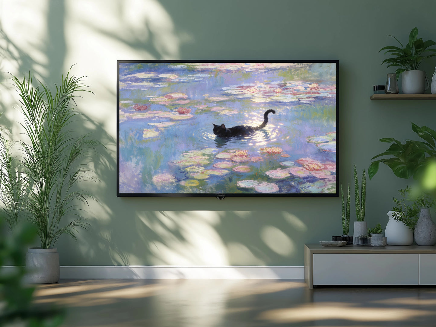 TV displaying a painting of water lilies with a black cat, placed in a room with green walls and plants.