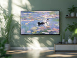 TV displaying a painting of water lilies with a black cat, placed in a room with green walls and plants.