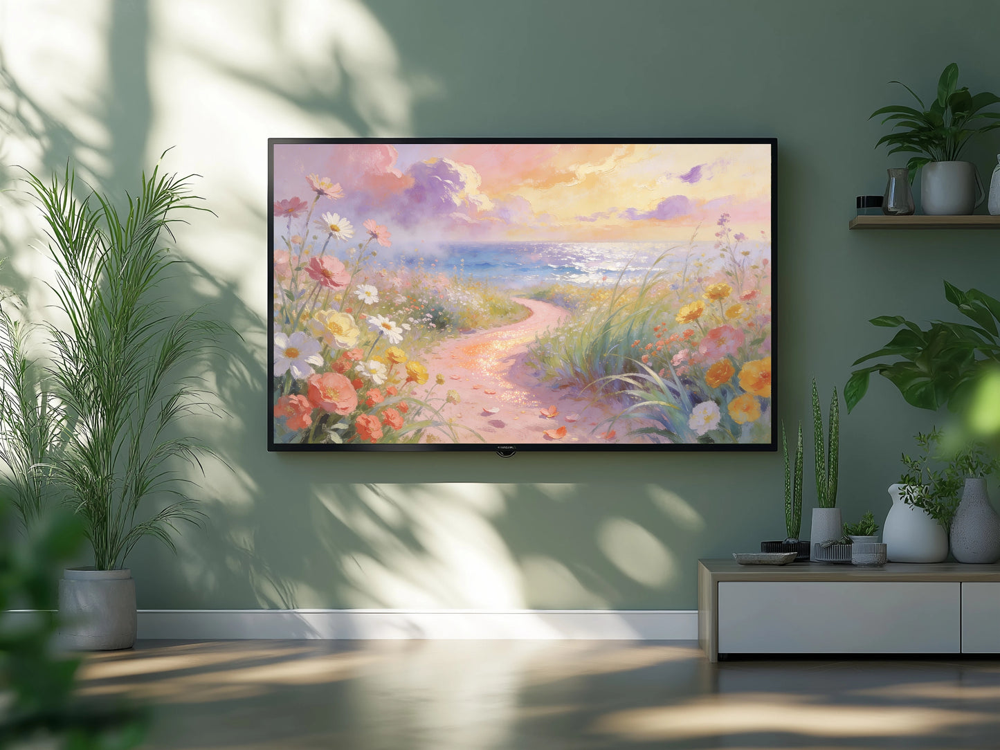 TV displaying a scenic painting of a beach with flowers and a path, in a room with green walls and plants.