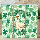 Three tumblers with a duck, clover pattern, and 'Lucky Duck' text on a wooden surface.