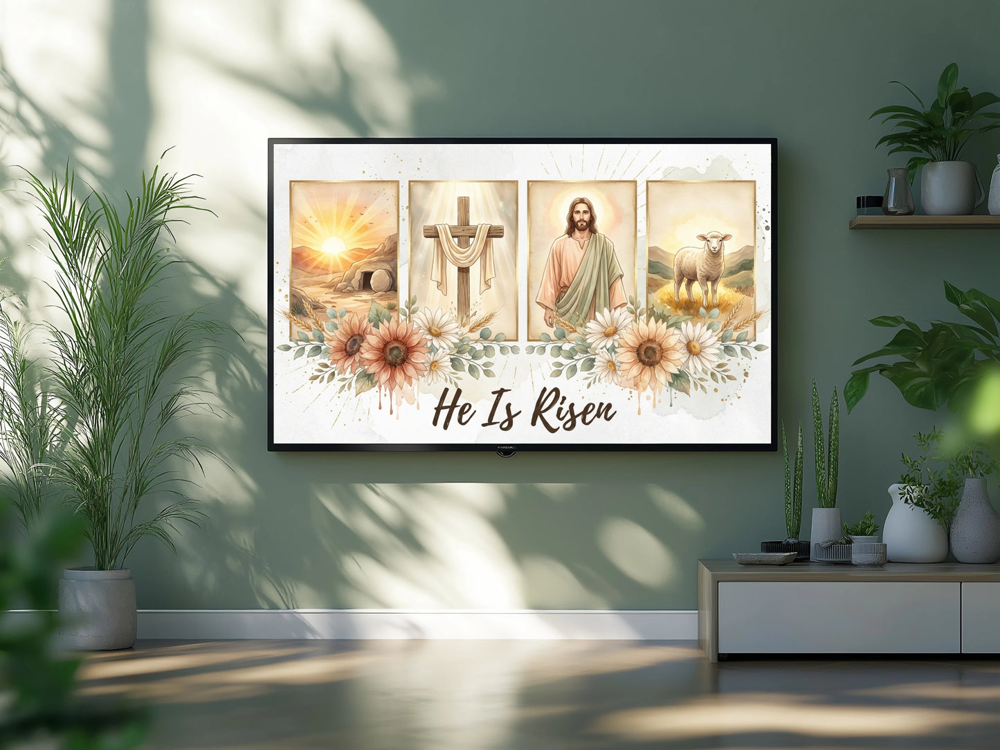 He Is Risen Easter Frame TV Art – Christian Resurrection Home Decor