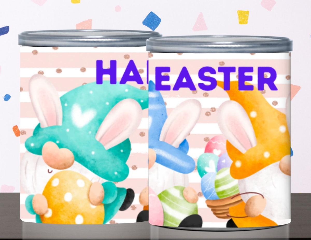 Two Easter-themed containers with colorful designs and 'Happy Easter' text on a patterned background.