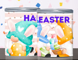 Two Easter-themed containers with colorful designs and 'Happy Easter' text on a patterned background.