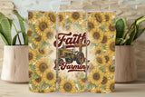 Three phone cases with sunflower patterns and 'Faith & Farming' design on a wooden surface.