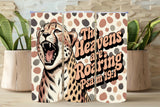 Tumblers with cheetah design and text 'The Heavens are Roaring Psalms 19:1' on a polka dot background.