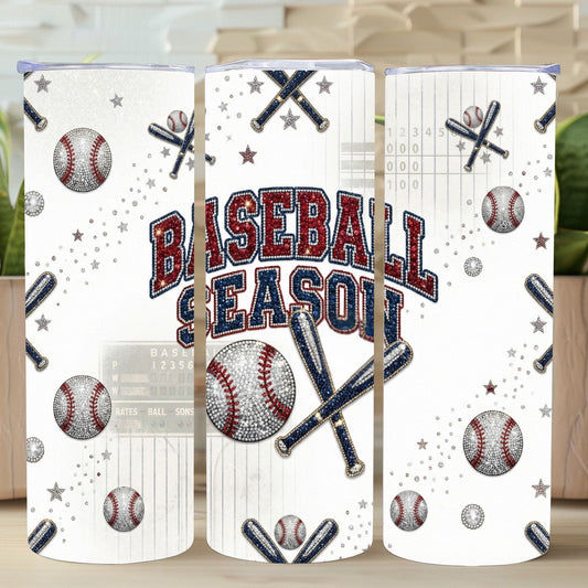 Three tumbler designs with baseball season theme on a wooden surface with plants.