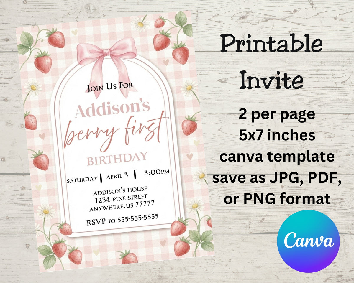 Berry First Birthday Invitation Canva Template