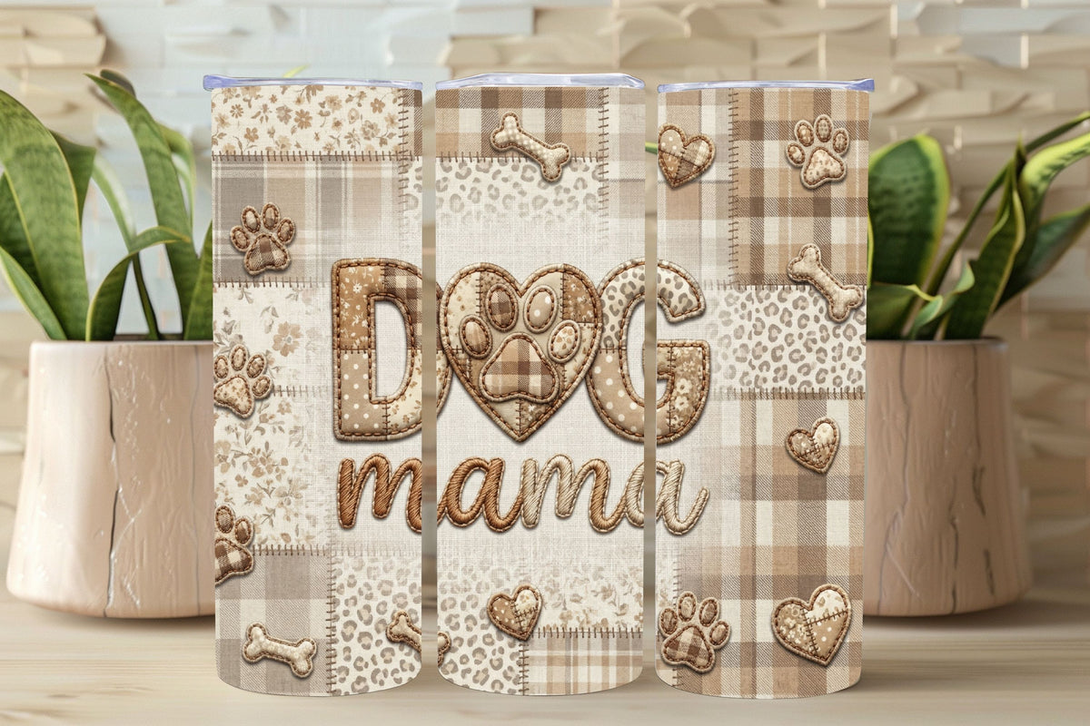 Phone case with 'Dog Mama' text and paw prints on a plaid pattern