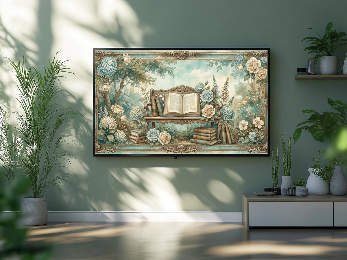 Decorative wall art with floral and book design in a room with plants and a shelf.