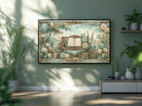 Decorative wall art with floral and book design in a room with plants and a shelf.