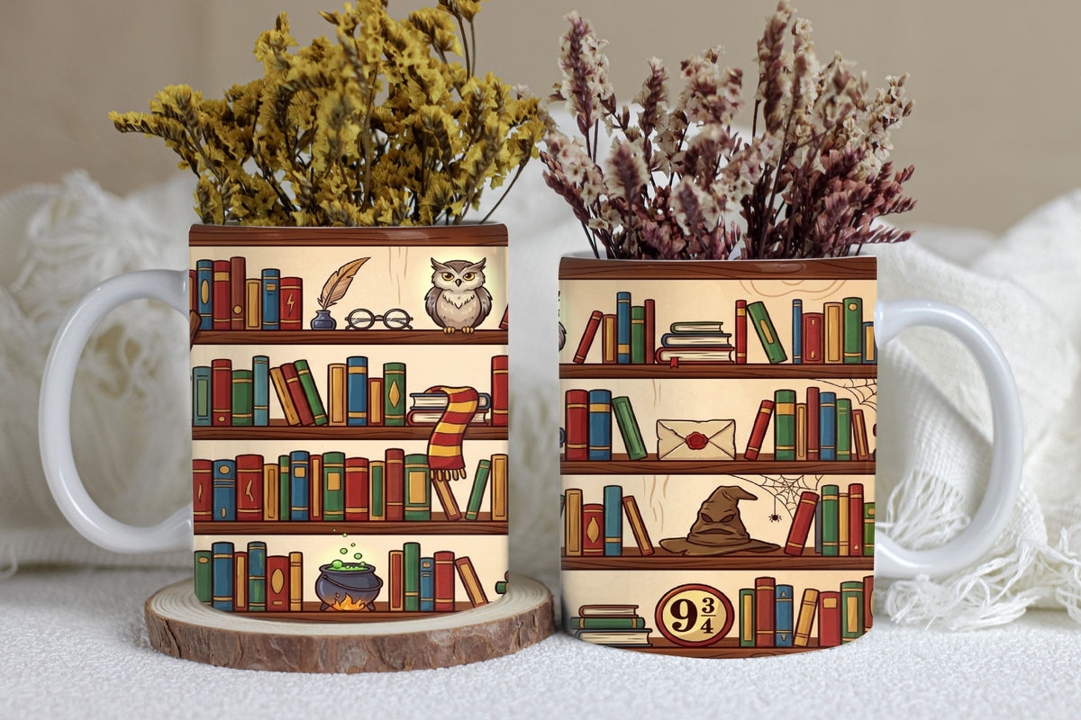 Two mugs with bookshelf designs featuring books, owls, and other elements on a neutral background.