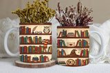Two mugs with bookshelf designs featuring books, owls, and other elements on a neutral background.