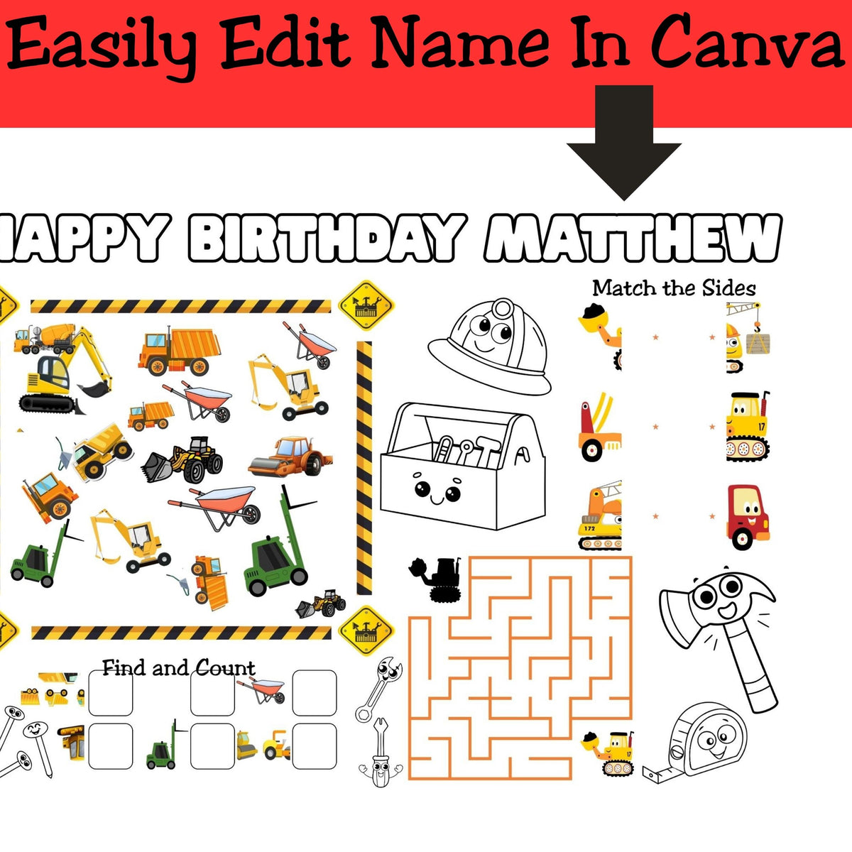 Construction Birthday Placemat – Printable Party Activity