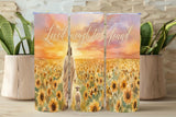 Three tumblers with a sunflower field and person design, featuring the text 'Loved enough to be found'.