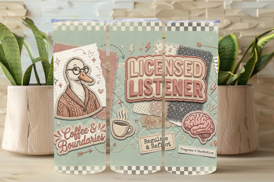 Three tumbler designs with illustrations and text on a wooden surface with plants in the background