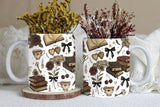Two mugs with decorative patterns of books, flowers, and other elements on a neutral background.