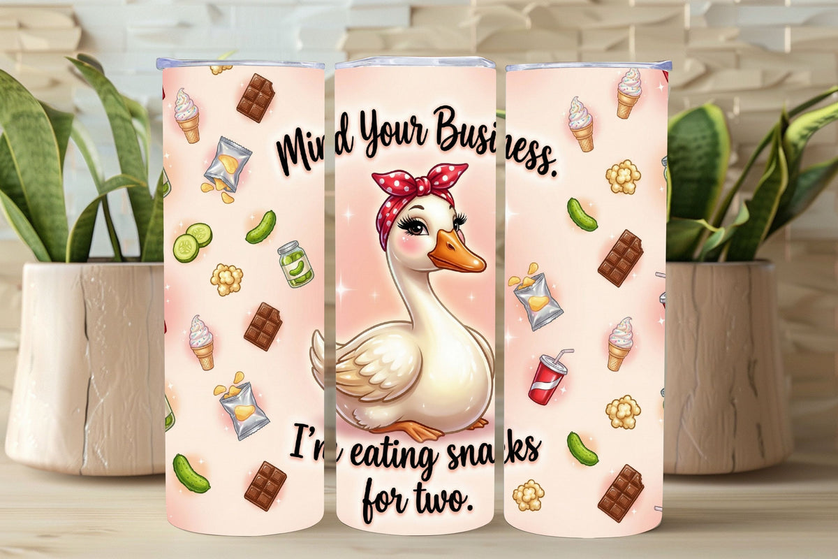 Three tumbler designs with a duck illustration and snack-themed patterns on a wooden surface.