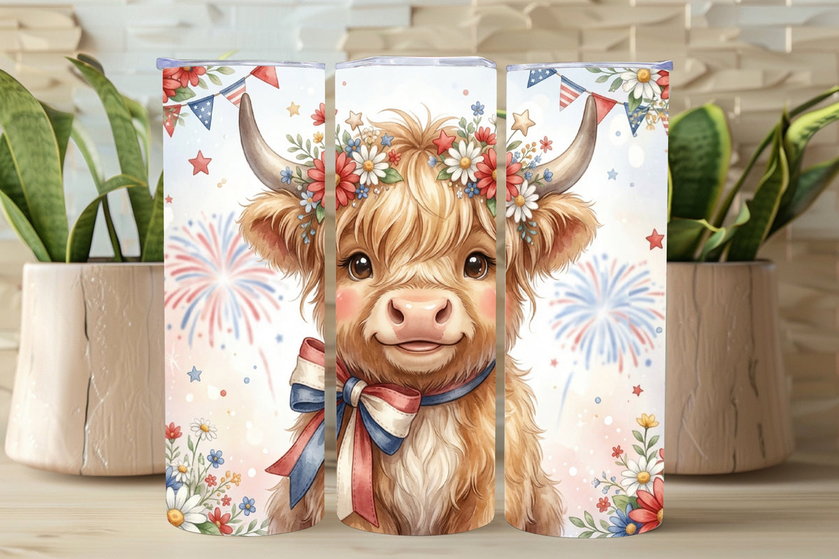 Phone case with a highland cow design on a wooden surface with plants in the background