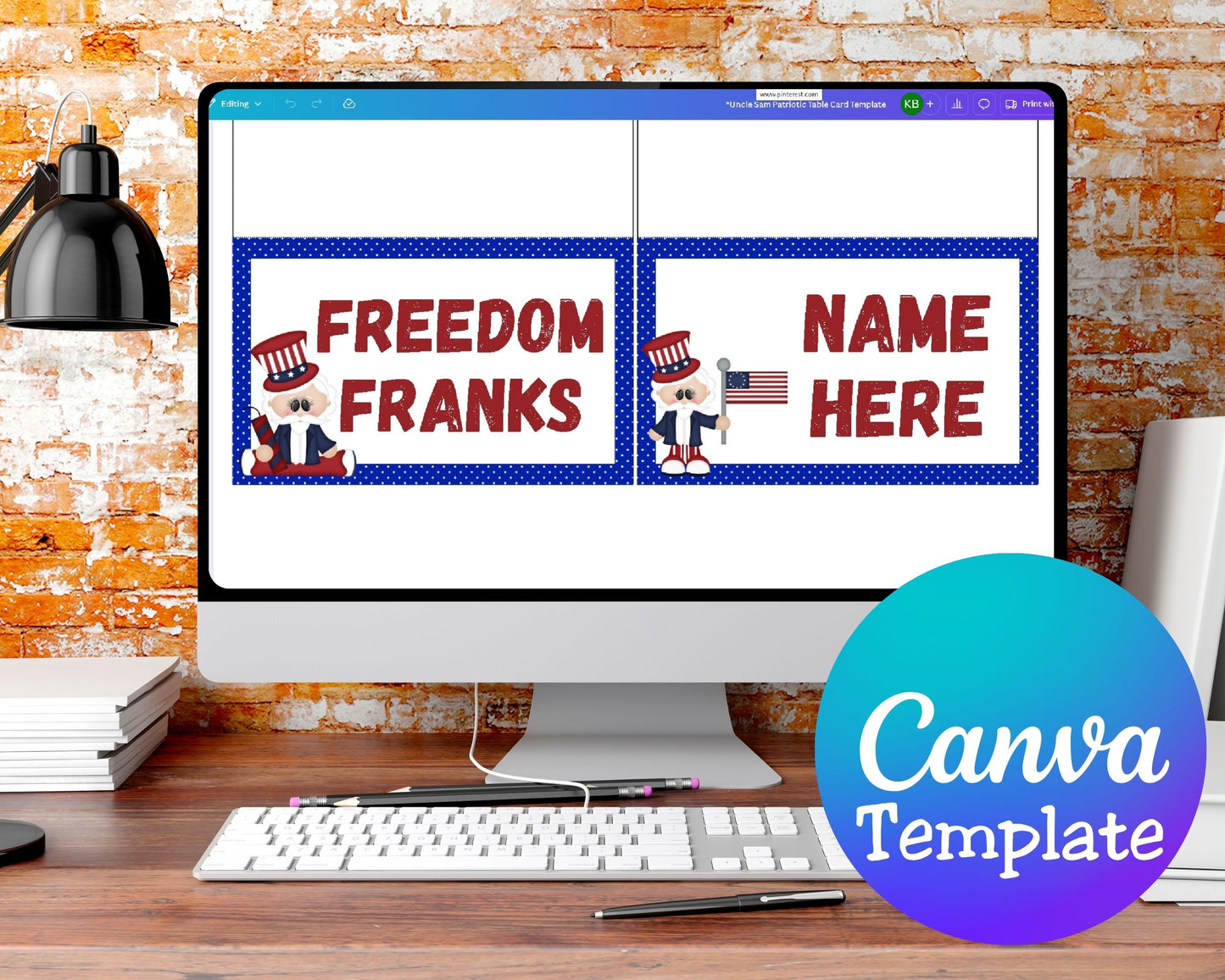 Uncle Sam Patriotic Tent Table Place Card Printable with Canva Edit Link