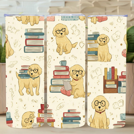 tumblers with a pattern of dogs wearing glasses, books, and other items on a light background.