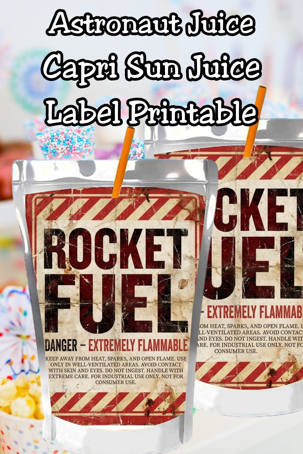 Turn party drinks into instant favorites with these Rocket Fuel Capri Sun labels! Perfect for a space birthday, astronaut party, or spaceship birthday, these fun drink wraps make an unforgettable birthday favor. Easy to print and perfect for space party drink stations and outer space celebrations.