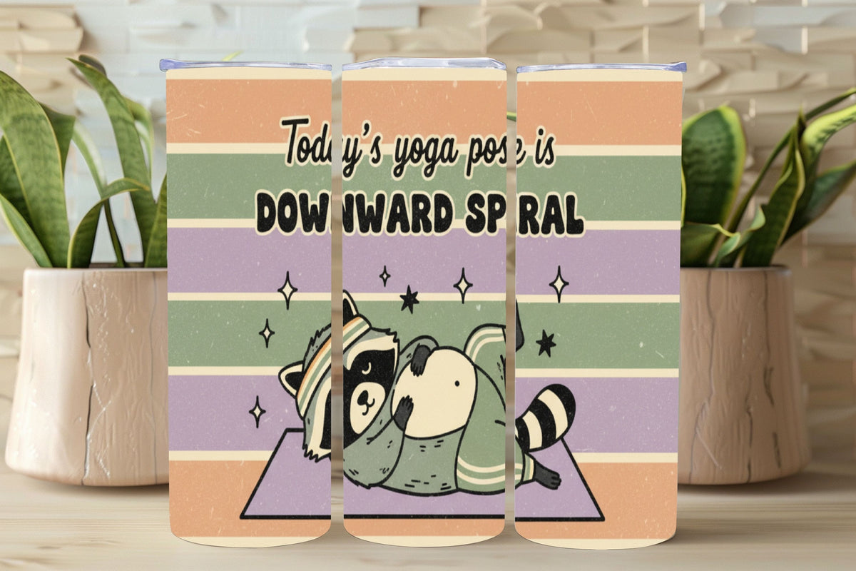 Phone case with a raccoon doing yoga pose and text 'Today's yoga pose is Dow Iward Spiral' on a colorful background.