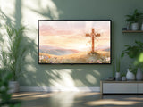 TV displaying a cross in a scenic landscape in a room with plants and decor.