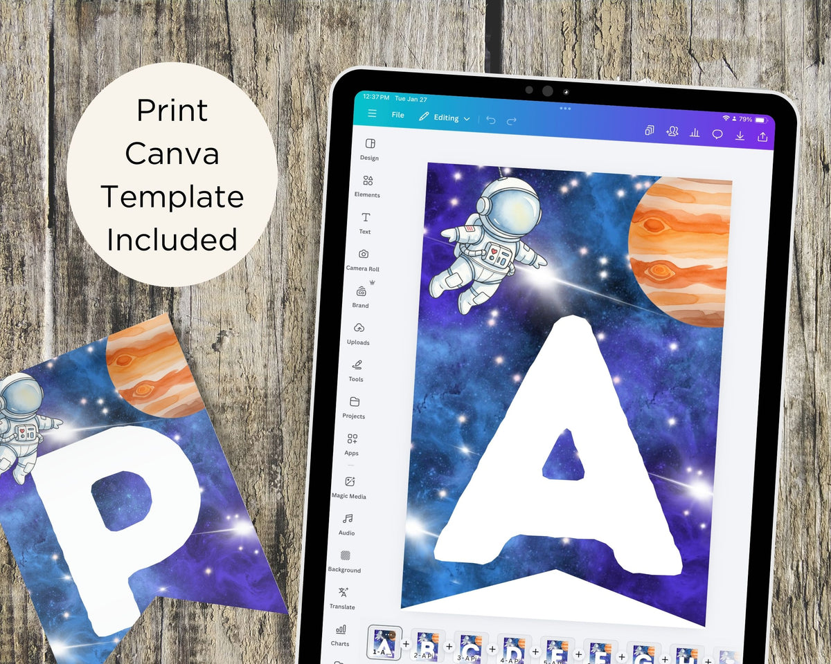 Space Alphabet Pennant Banner Set (A–Z + 0–9) – Astronaut Party Decor Printable