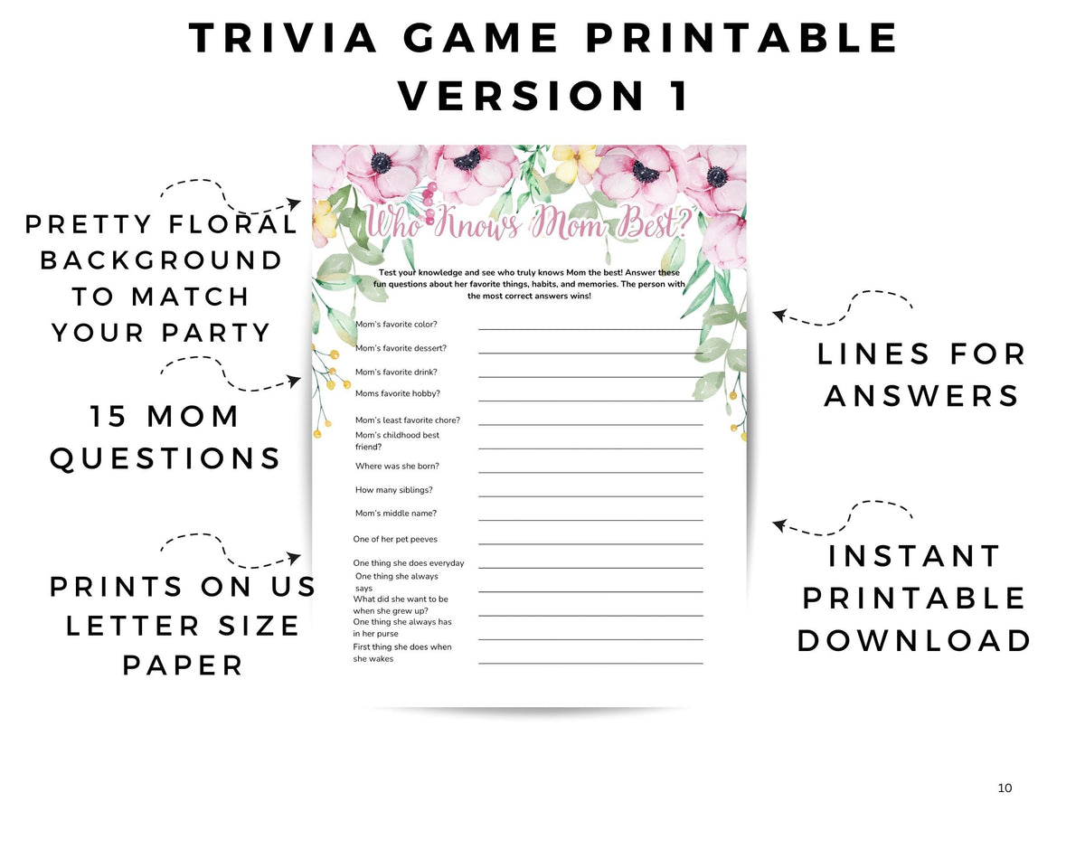 Mother Day Party Game Who Knows Mom Trivia Printable Download Pink Floral Design Digital Gift Idea Family Celebration Activity Fun Interactive Entertainment Package Beautiful Watercolor Style Perfect Birthday Present Instant Access