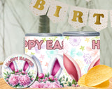 Two Easter-themed jars with decorative lids and a 'Happy Easter' banner in the background.