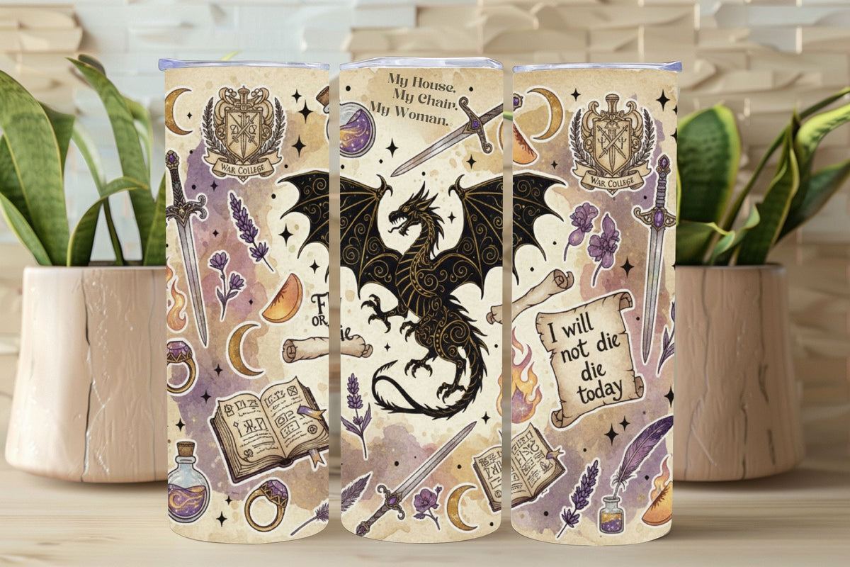 Three tumblers with fantasy-themed designs featuring dragons, swords, and books on a wooden surface.