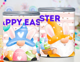 Two cans with Easter-themed designs featuring gnomes and bunnies on a colorful background.