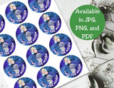 Stickers with 'Two the Moon' branding on a white surface with green text overlay.