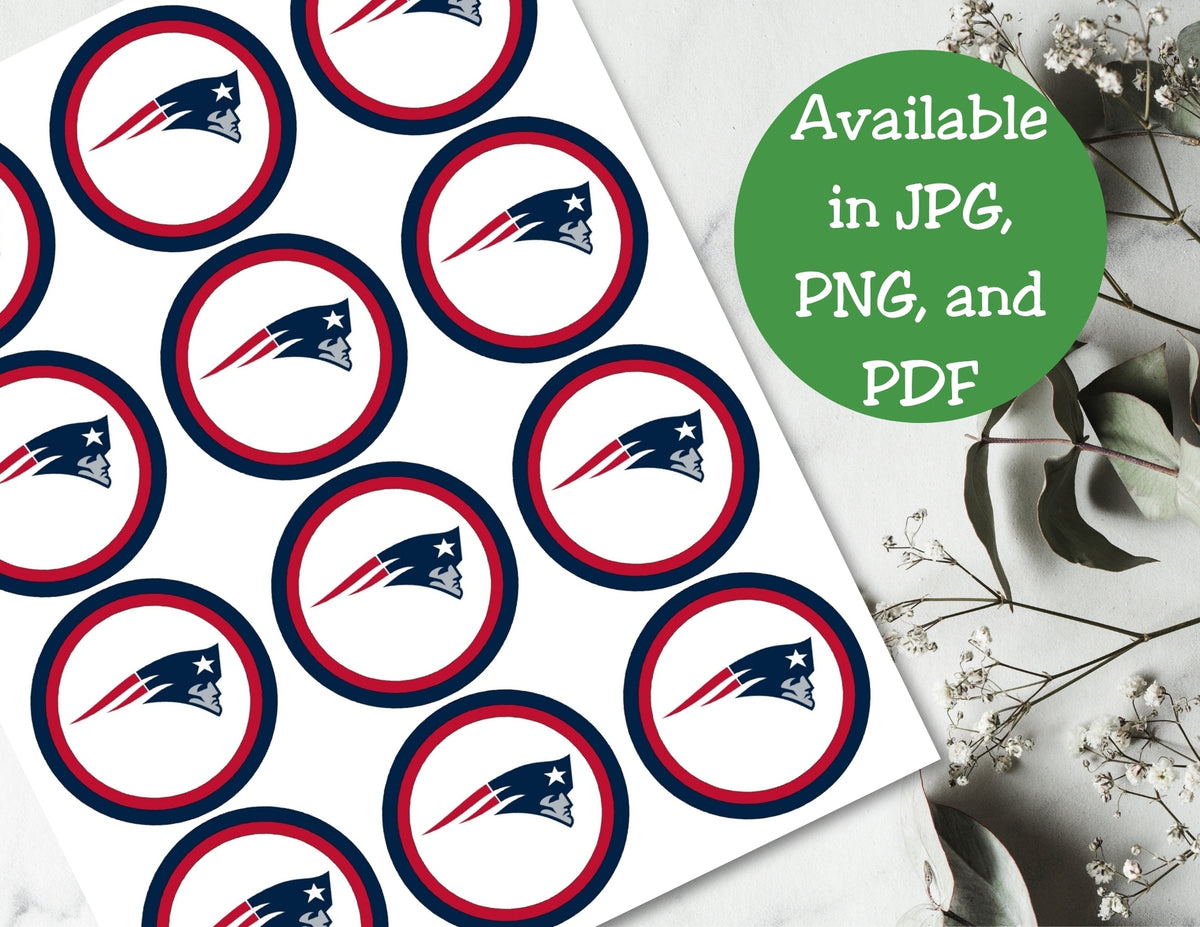 Sheet of round stickers with a logo, available in various formats, on a white background.