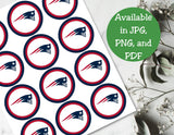 Sheet of round stickers with a logo, available in various formats, on a white background.
