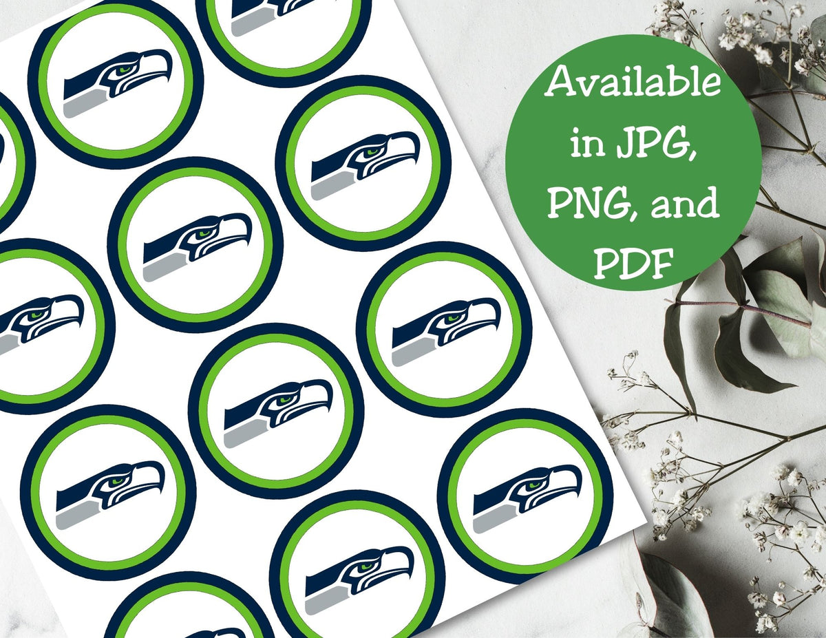 Sheet of round stickers with a logo, available in digital formats, on a white surface with green text.