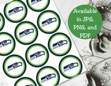 Sheet of round stickers with a logo, available in digital formats, on a white surface with green text.