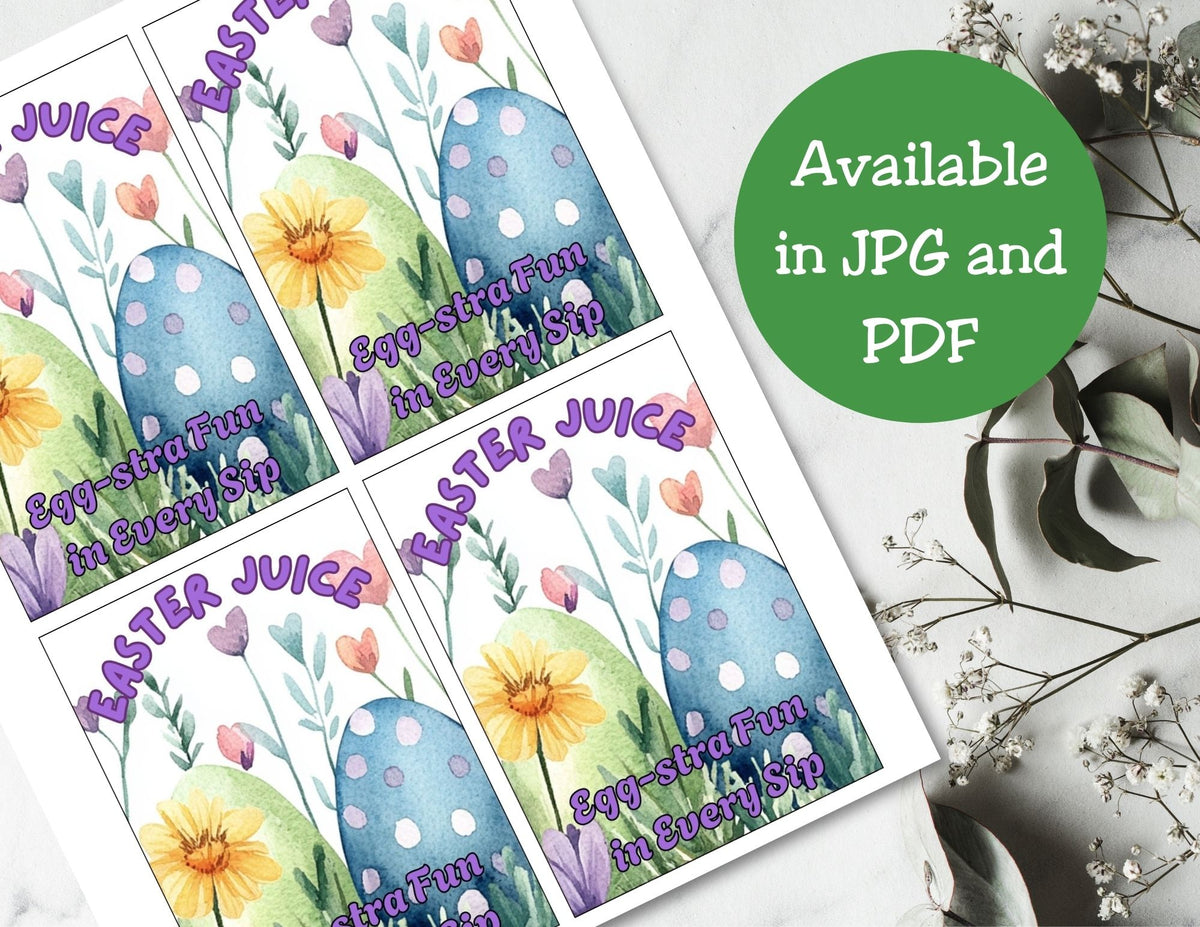 Easter-themed labels with colorful eggs and flowers on a white background.