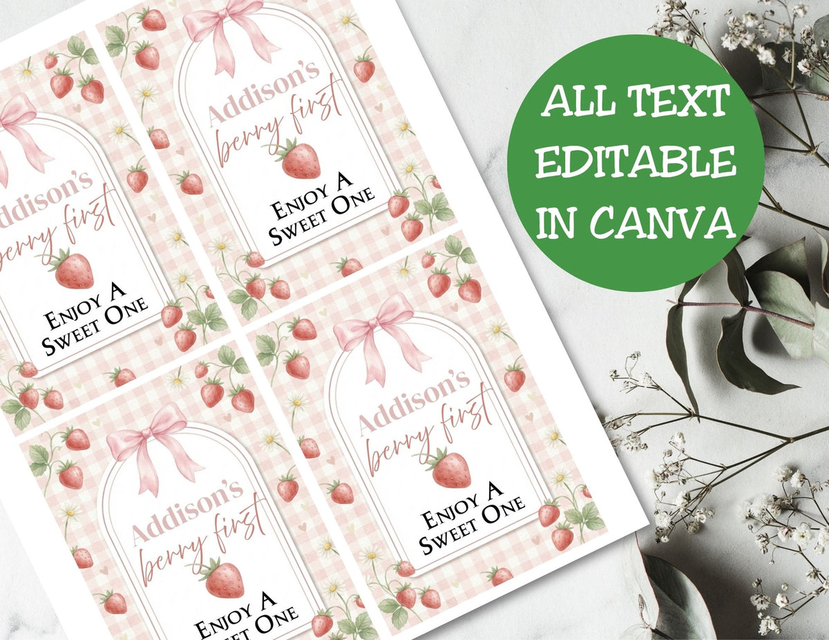 Edible favor tags with strawberry design and editable text on a white surface.