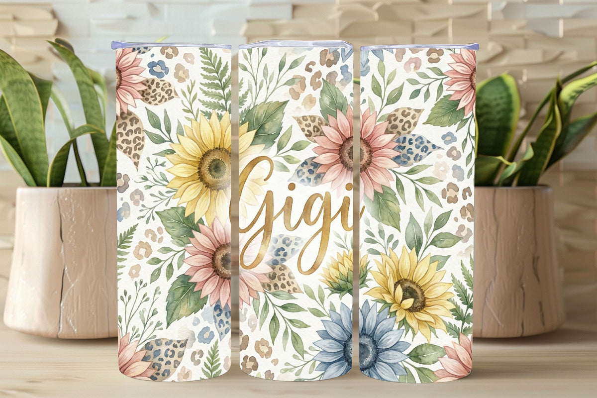 Floral design with 'Gigi' on a wooden surface with plants in the background