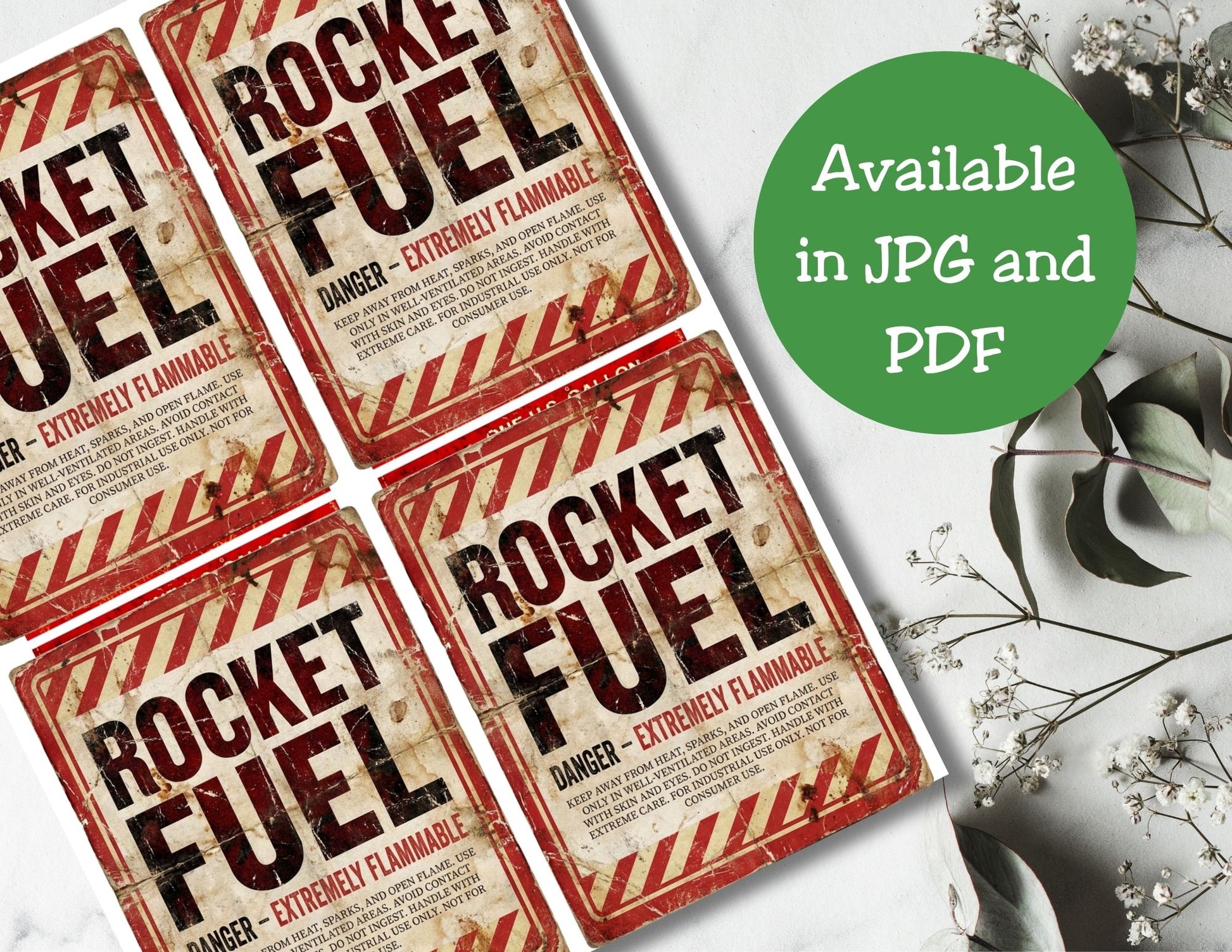 Four 'Rocket Fuel' labels with a green circle indicating availability in JPG and PDF formats.